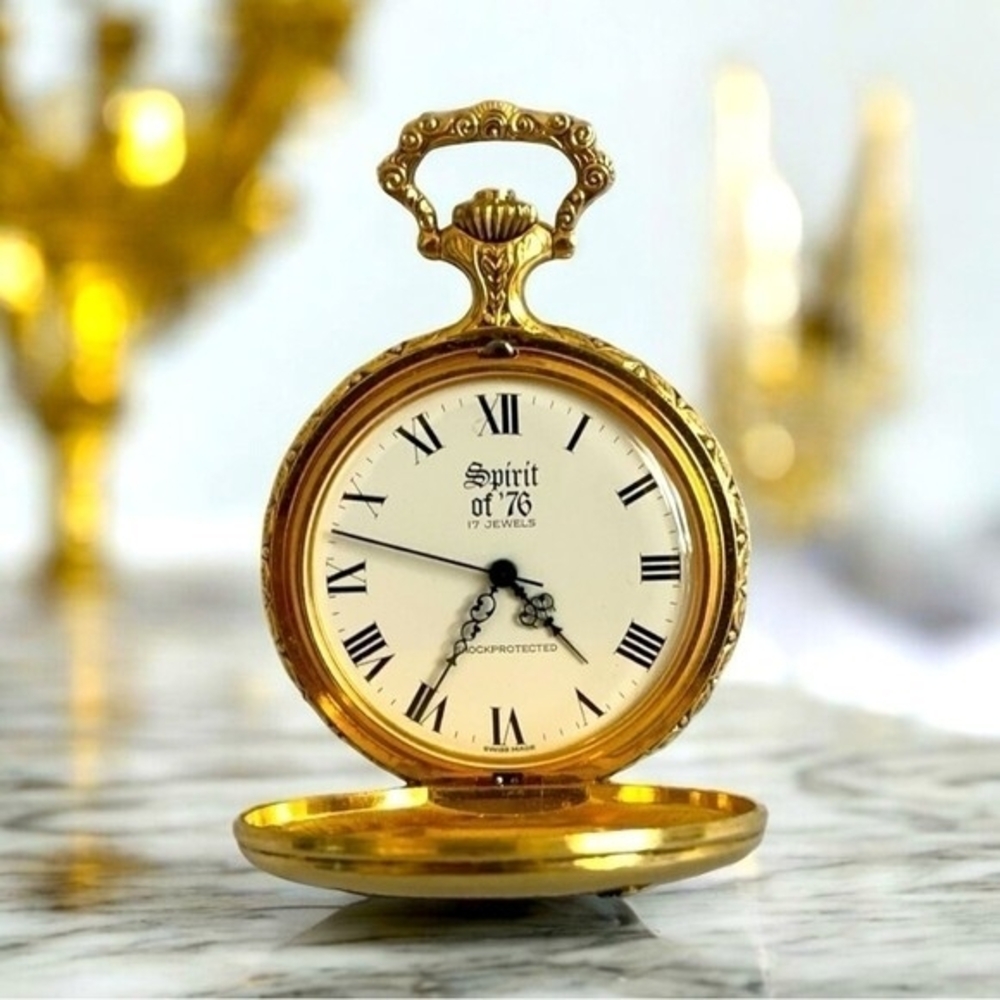 Vintage Spirit of ’76 Liberty Bell Gold Pocket Watch 17 Jewels Swiss Collectible